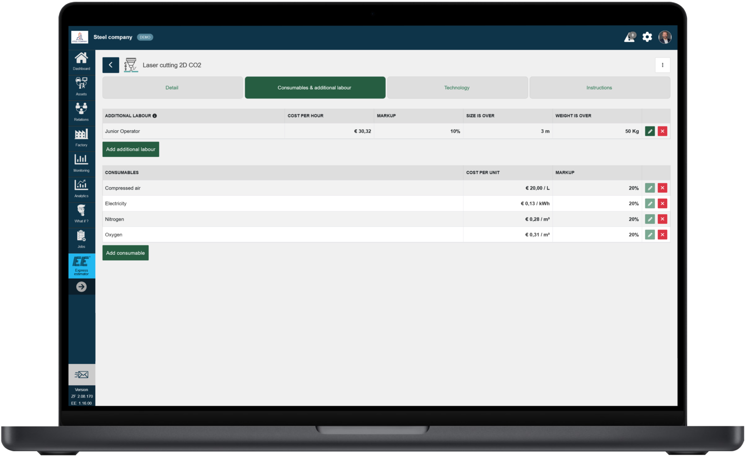 Automated calculation of consumables and additional labour